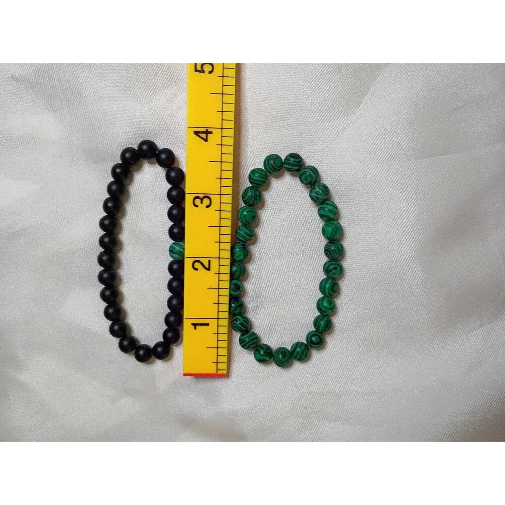 Lot of 2 Beaded Stretch Bracelets - Malachite Green + Matte Black